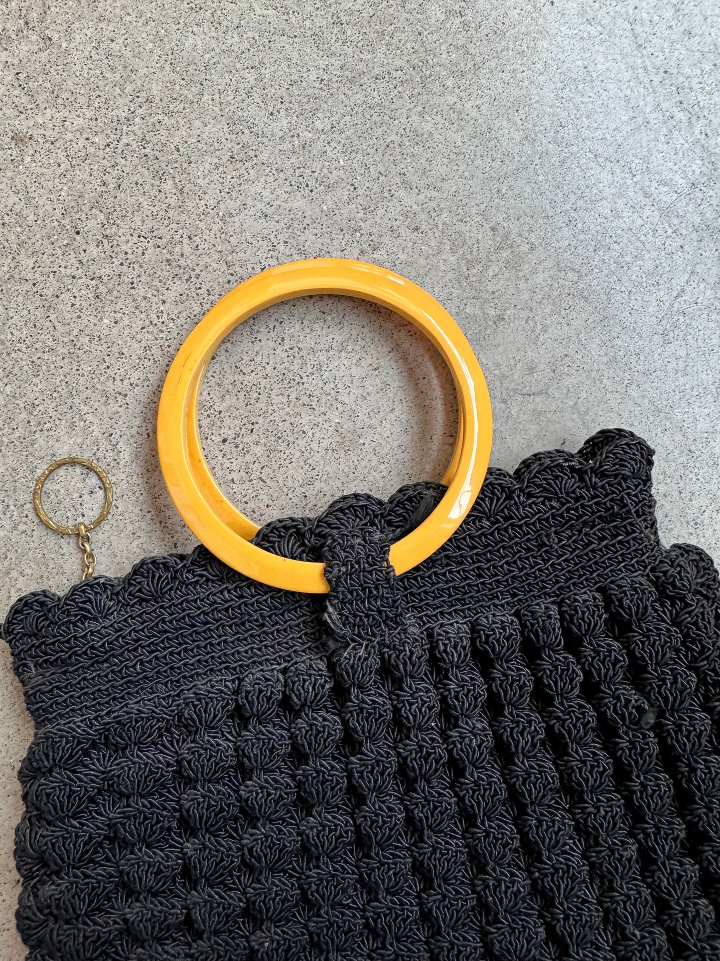 Vintage 1930s Black Crochet Handbag w/ Bakelite Handle