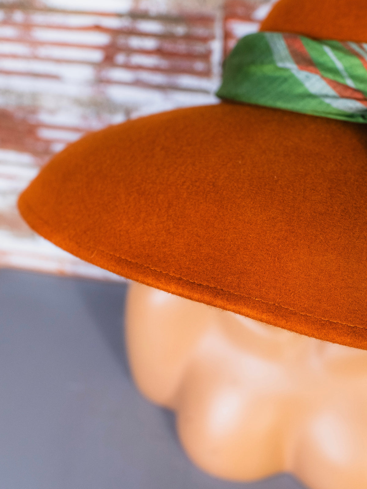 Vintage Rust Orange Felted Wool Wide Brim Hat w/ Green Plaid Scarf