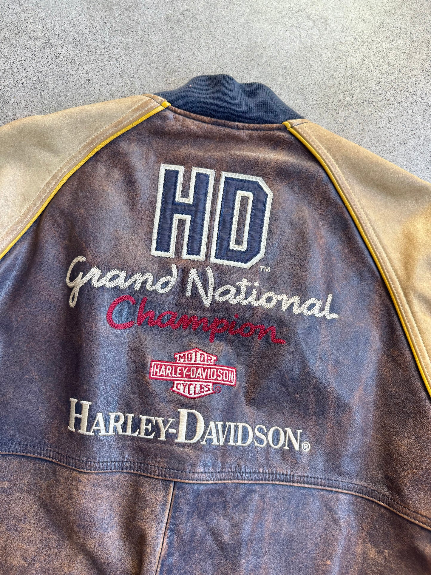 Vintage 1990s Harley Davidson Grand National Champion Leather Bomber Jacket | Medium