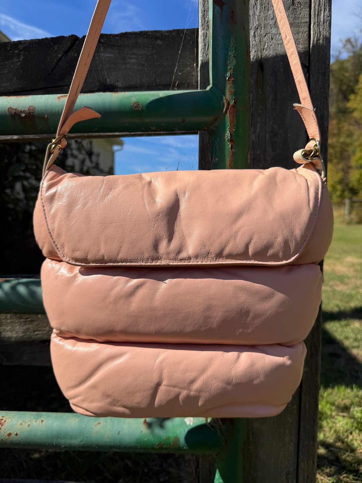 Vintage 1980s Karen NY Pink Quilted Puffer Crossbody Bag