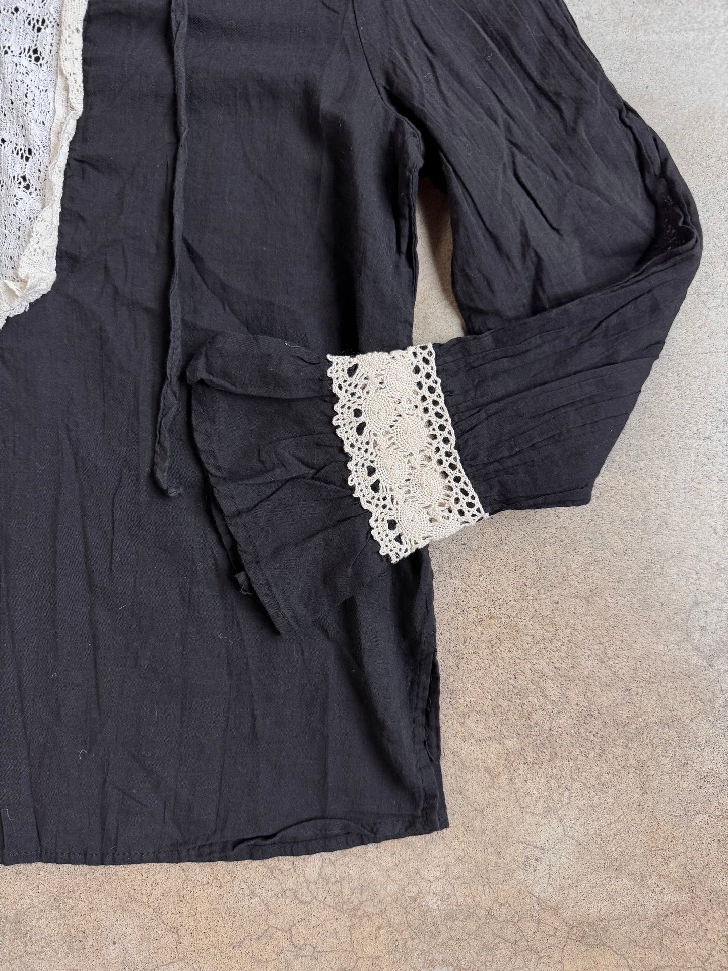 Vintage 1970s Clio Black Crochet Lace Cotton Tunic Blouse | Large