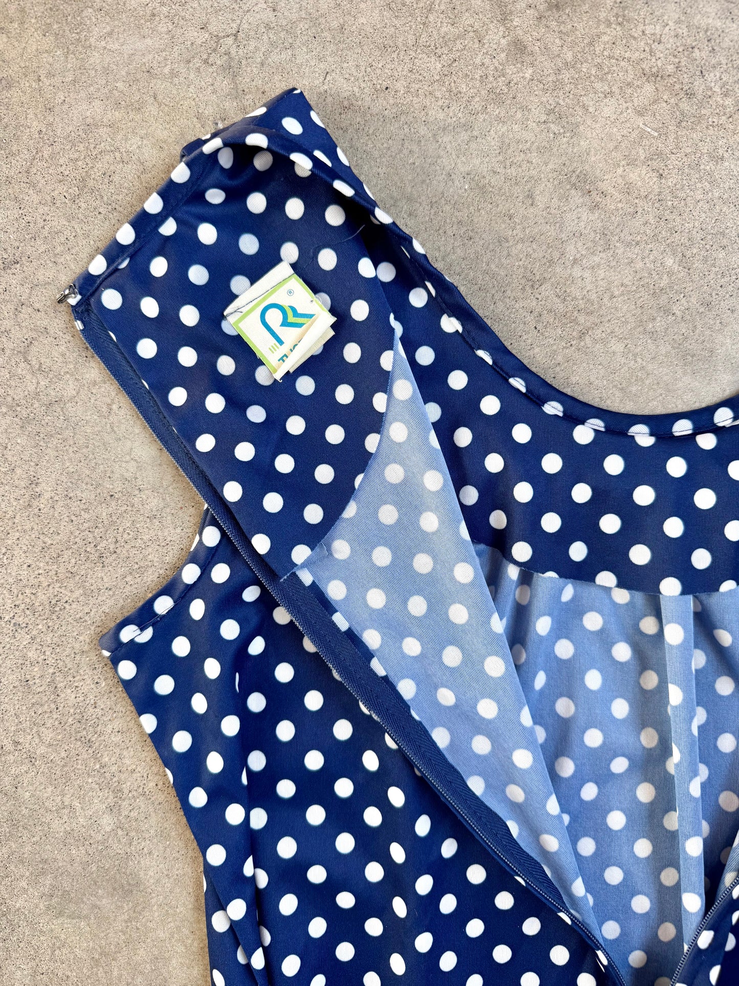 Vintage 1970s Three R’s Navy & White Polka Dot Tie-Waist Dress | Large