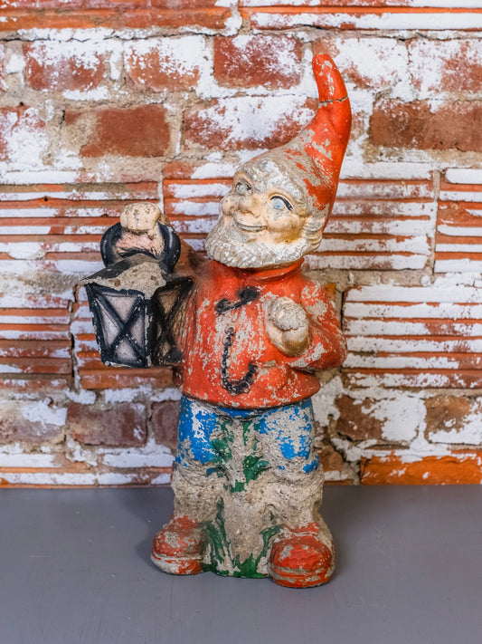 Antique Painted Garden Gnome Statue w/ Lantern