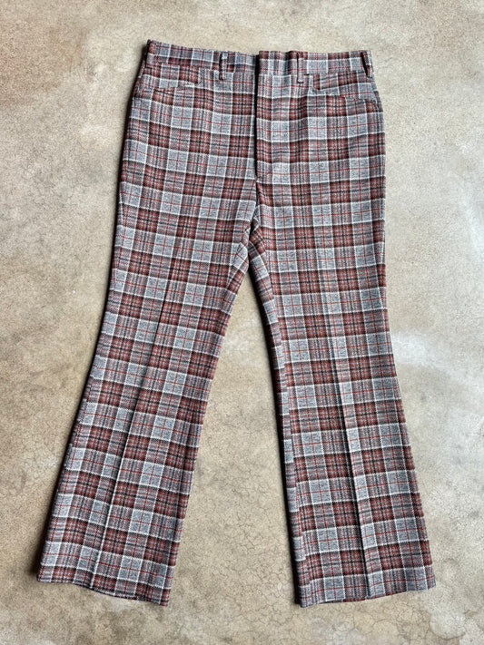 Vintage 1970s Haggar Grey & Brown Plaid Flared Trousers | Waist 38”