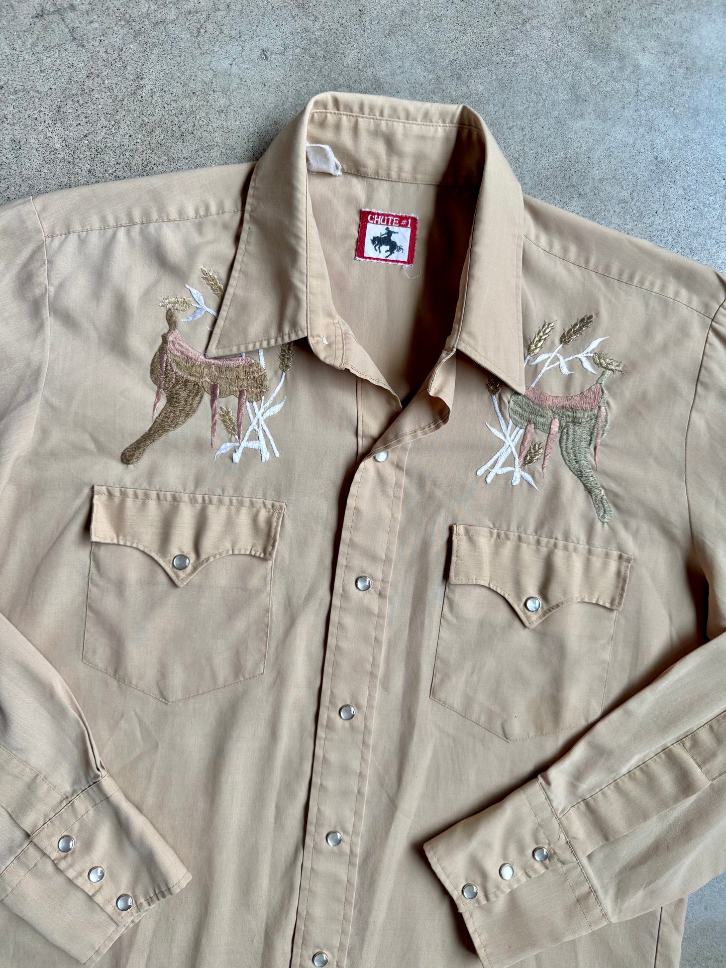 Vintage 1980s Chute Saddle Embroidered Pearl Snap Western Shirt | M/L