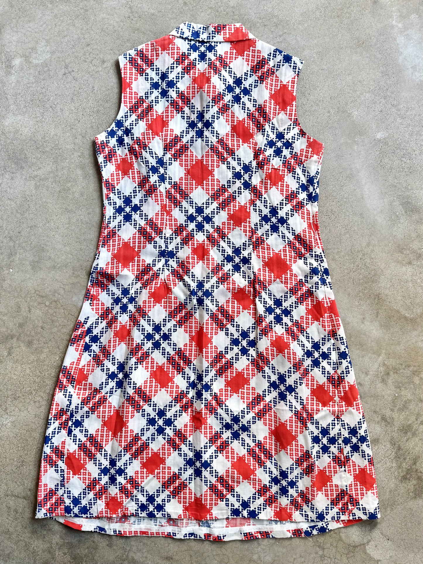 Vintage 1960s British Lady Red & Blue Floral Plaid Collared Dress | Large