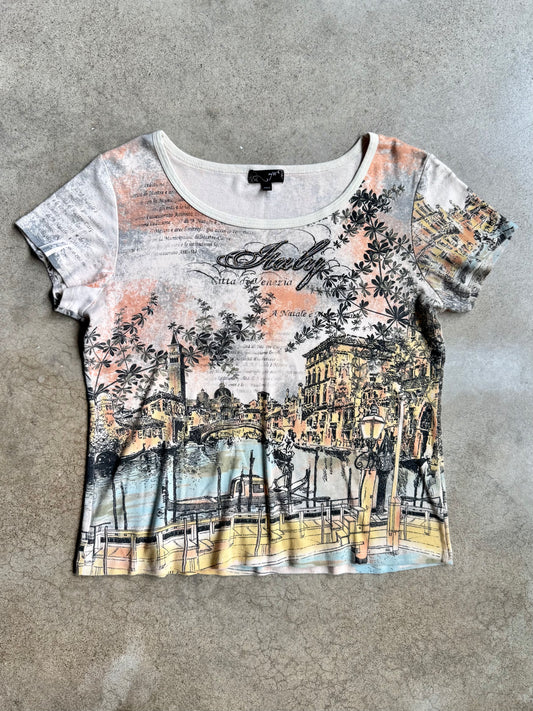 2000s Venice Italian Postcard Print Short Sleeve Tee | XL