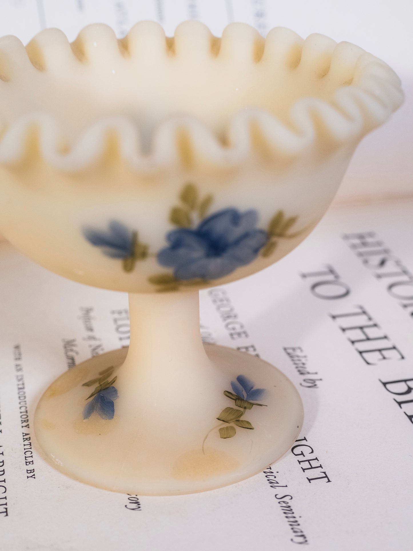 Vintage 1960s Fenton Hand-Painted Custard Satin Compote Pedestal Dish | Signed