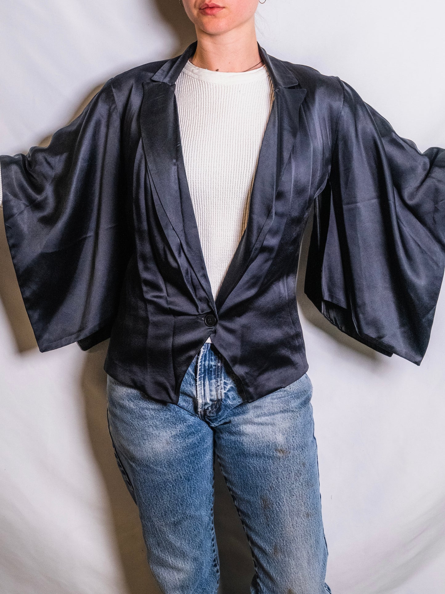 Vintage 1950s Black Satin Kimono-Style Jacket | S/M