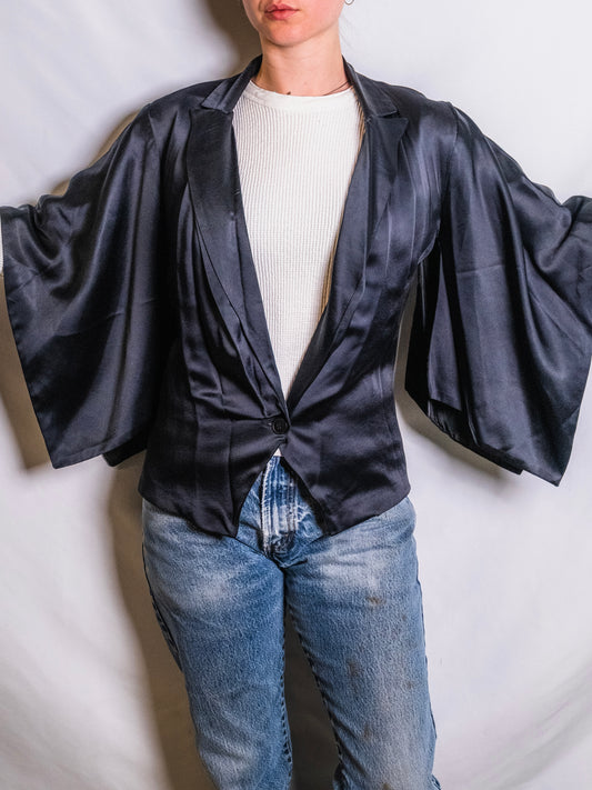 Vintage 1950s Black Satin Kimono-Style Jacket | S/M