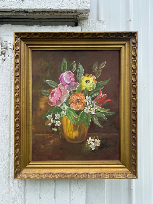 Vintage 1950s Gold Framed Floral Oil Painting |Signed