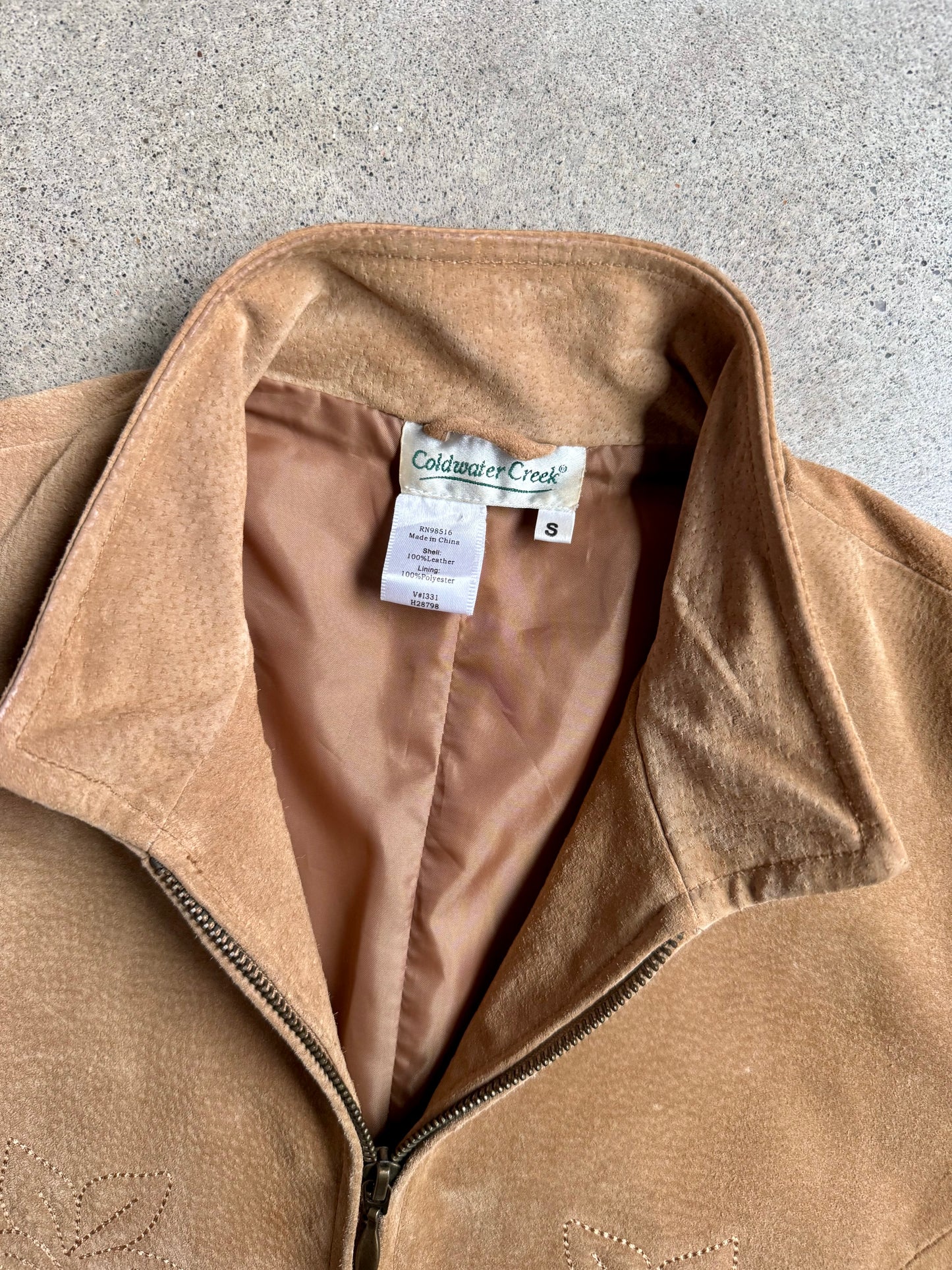 Vintage 1990s Coldwater Creek Tan Suede Floral Embroidered Zip-Up Vest | Small