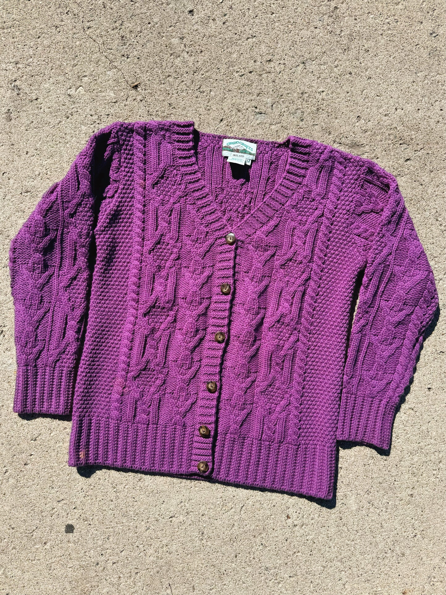 Vintage Aran Crafts Purple Cable Knit Wool Cardigan | Medium