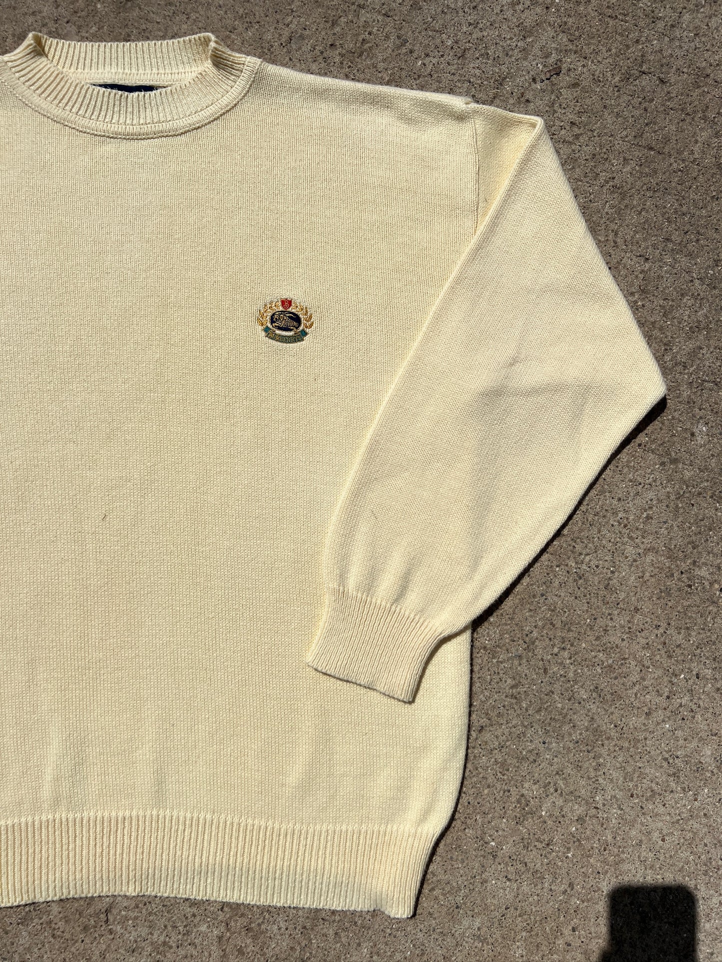 Vintage 1980s Burberry Butter Yellow Cotton Emblem Sweater | Large