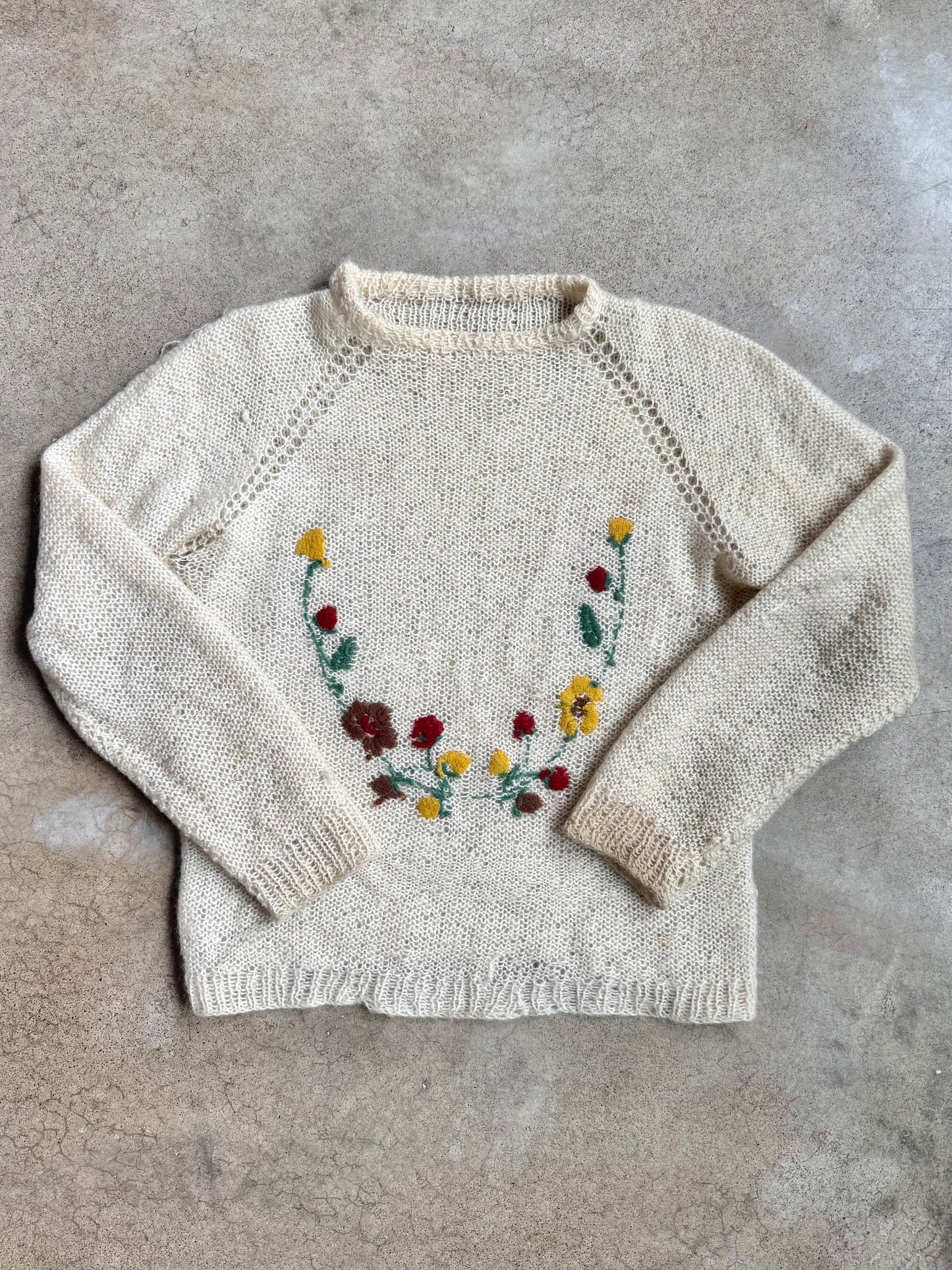 Vintage 1970s Hand-Knit Floral Embroidered Mohair-Blend Sweater | Large