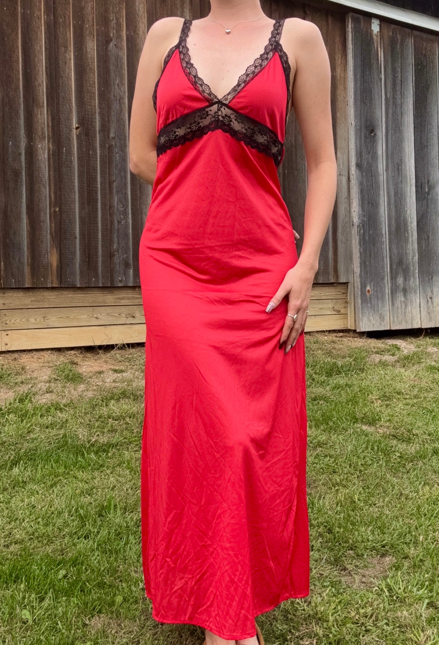 Vintage 1970s By Beverly Red & Black Lace Trim Maxi Slip Dress | Small