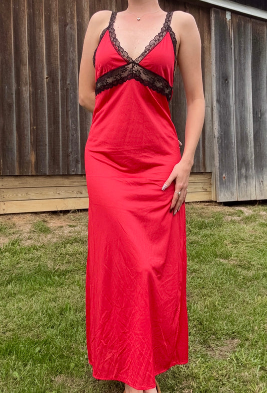 Vintage 1970s By Beverly Red & Black Lace Trim Maxi Slip Dress | Small