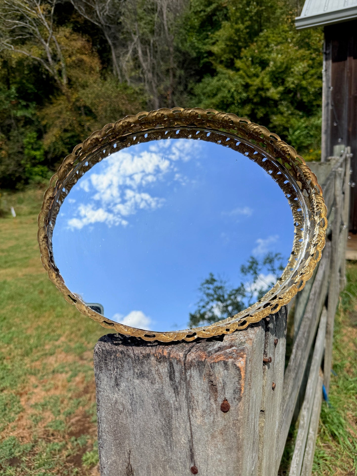 Vintage 1950s Brass Filigree Mirrored Vanity Tray