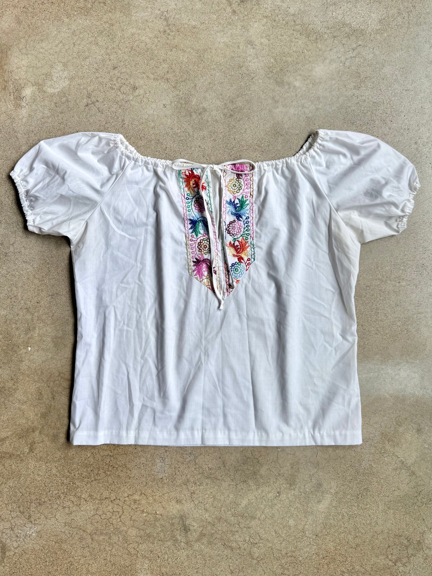 Vintage Floral & Bird Embroidered White Cotton Peasant Blouse | Large