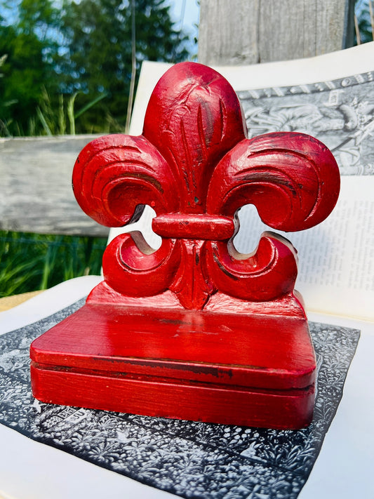 Vintage 1970s/80s Wood Carved Red Fleur De Lis Bookend