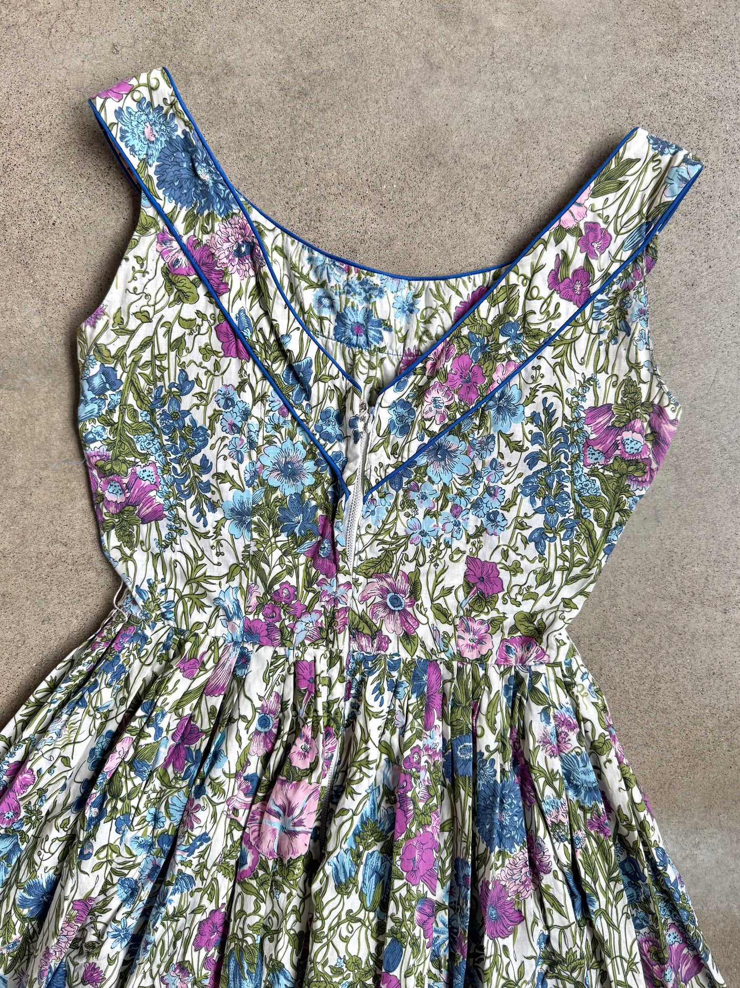 Vintage 1950s Jerry Gilden New York Blue & Purple Floral Pleated Summer Dress | XS
