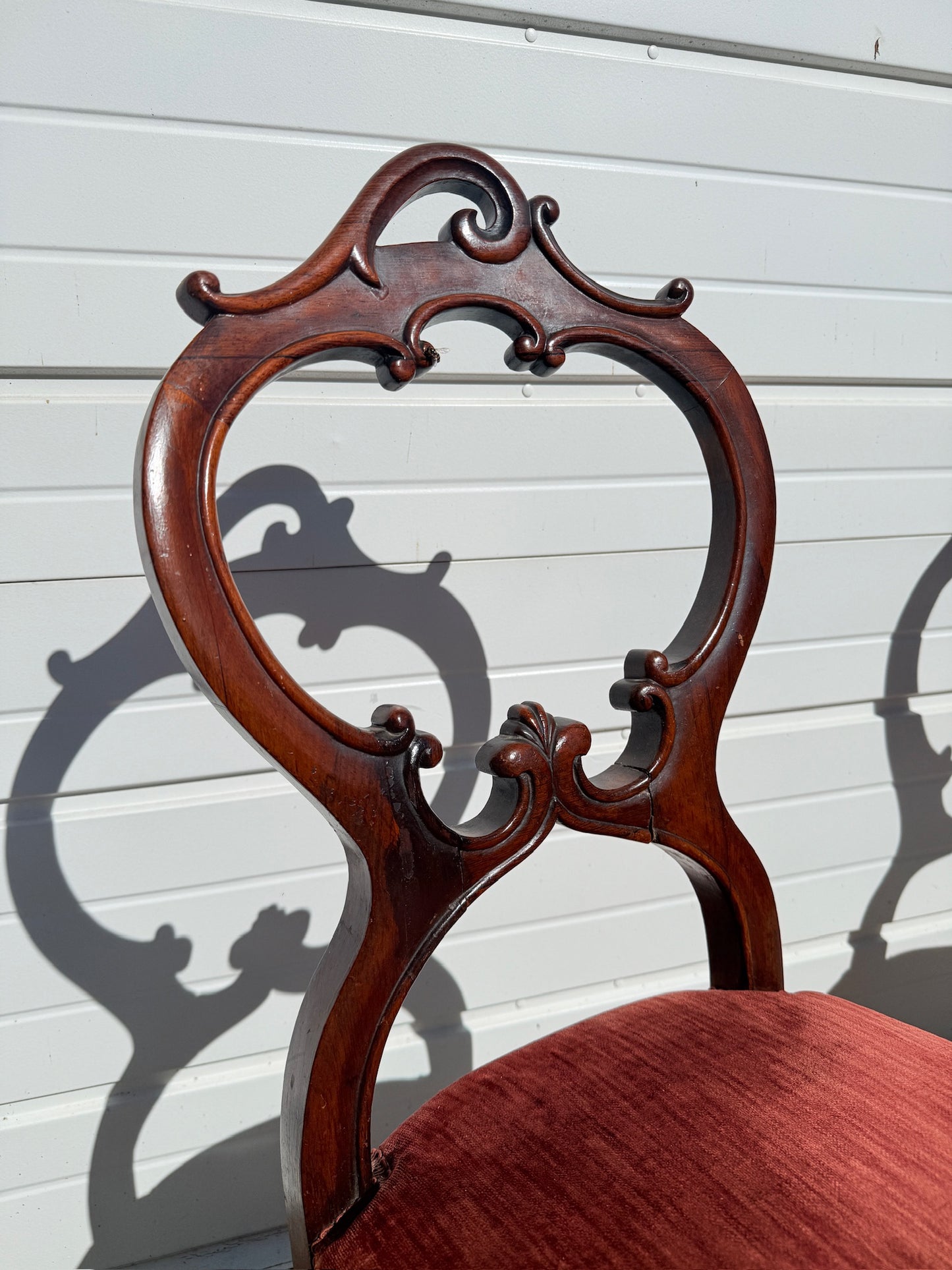 Antique 1900s Red Velvet Carved Rosewood Balloon Back Chairs | Set of 2