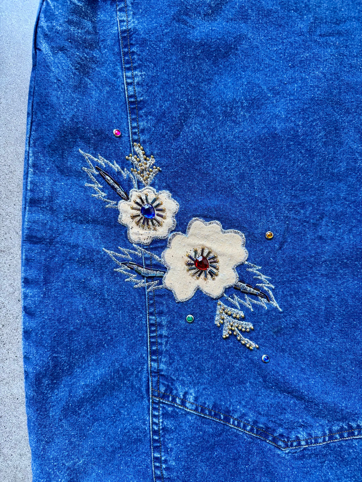 Vintage 1980s Snow Blue Floral Beaded Appliqué Denim Two-Piece Skirt Set | Medium