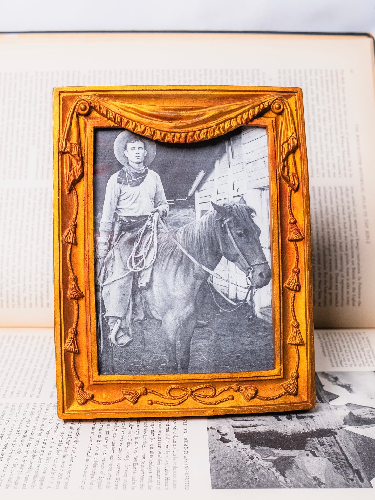 Vintage Gold Framed "Cowboy & His Horse" Print Artwork
