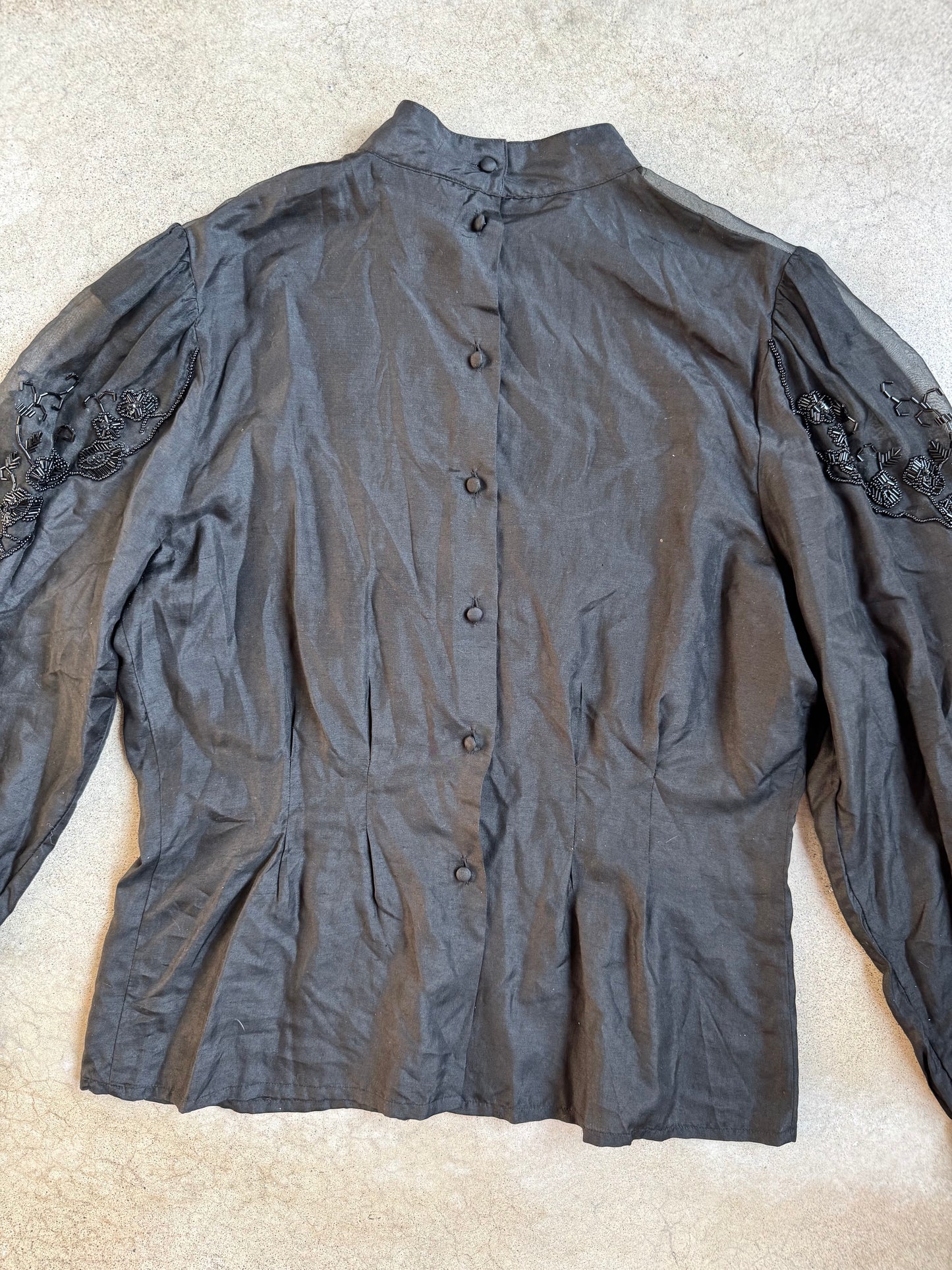 Vintage 1980s Nancy Johnson for Prisma Black Beaded 100% Silk Blouse | Medium