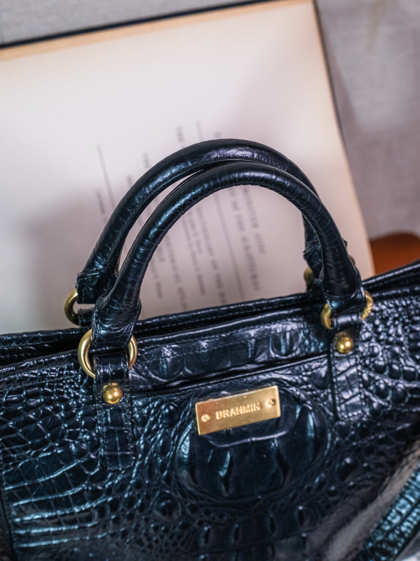 Brahmin Mini Arno Tote Black Croc Embossed Leather Bag