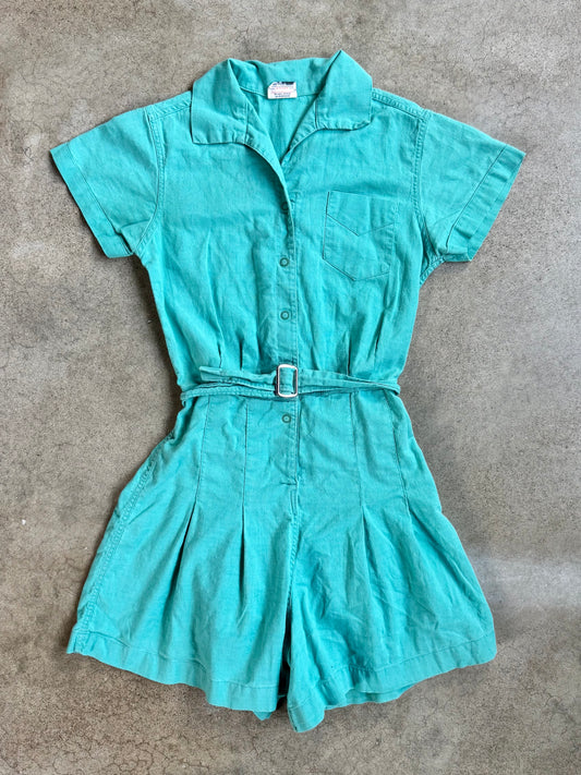 Vintage 1940s Moore Teal One-Piece Gym Suit Romper | XS