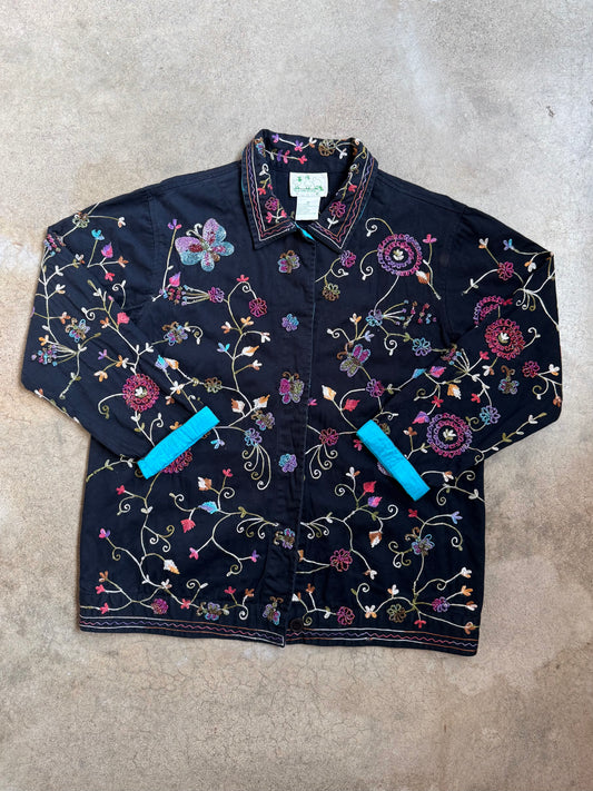 Vintage 1990s The Quacker Factory Beaded Butterfly Springtime Cotton Jacket | Medium