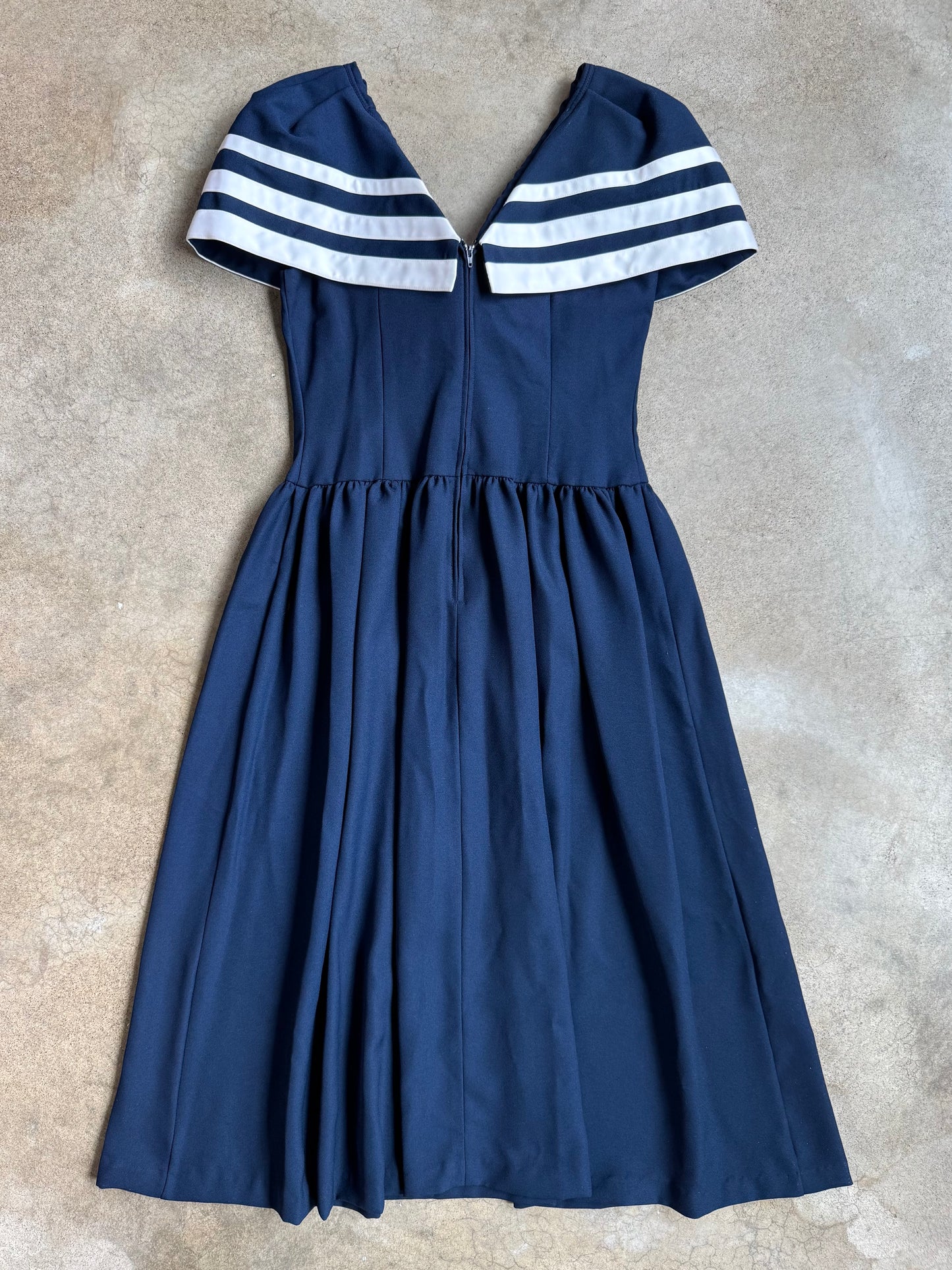 Vintage 1980s Navy Blue Tea-Length Sailor Dress | Medium