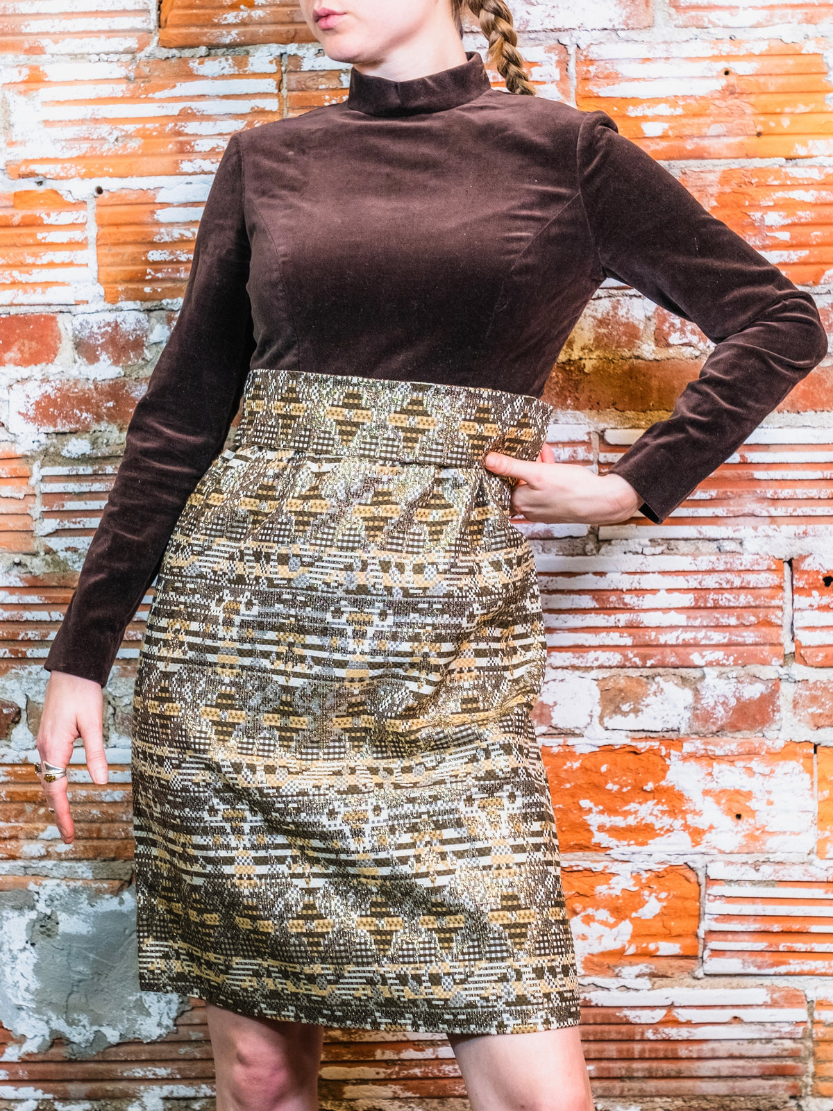 Vintage 1960s Eleanor Brenner Couture Brown Velvet & Gold Jacquard Skirt Long Sleeve Dress | Small