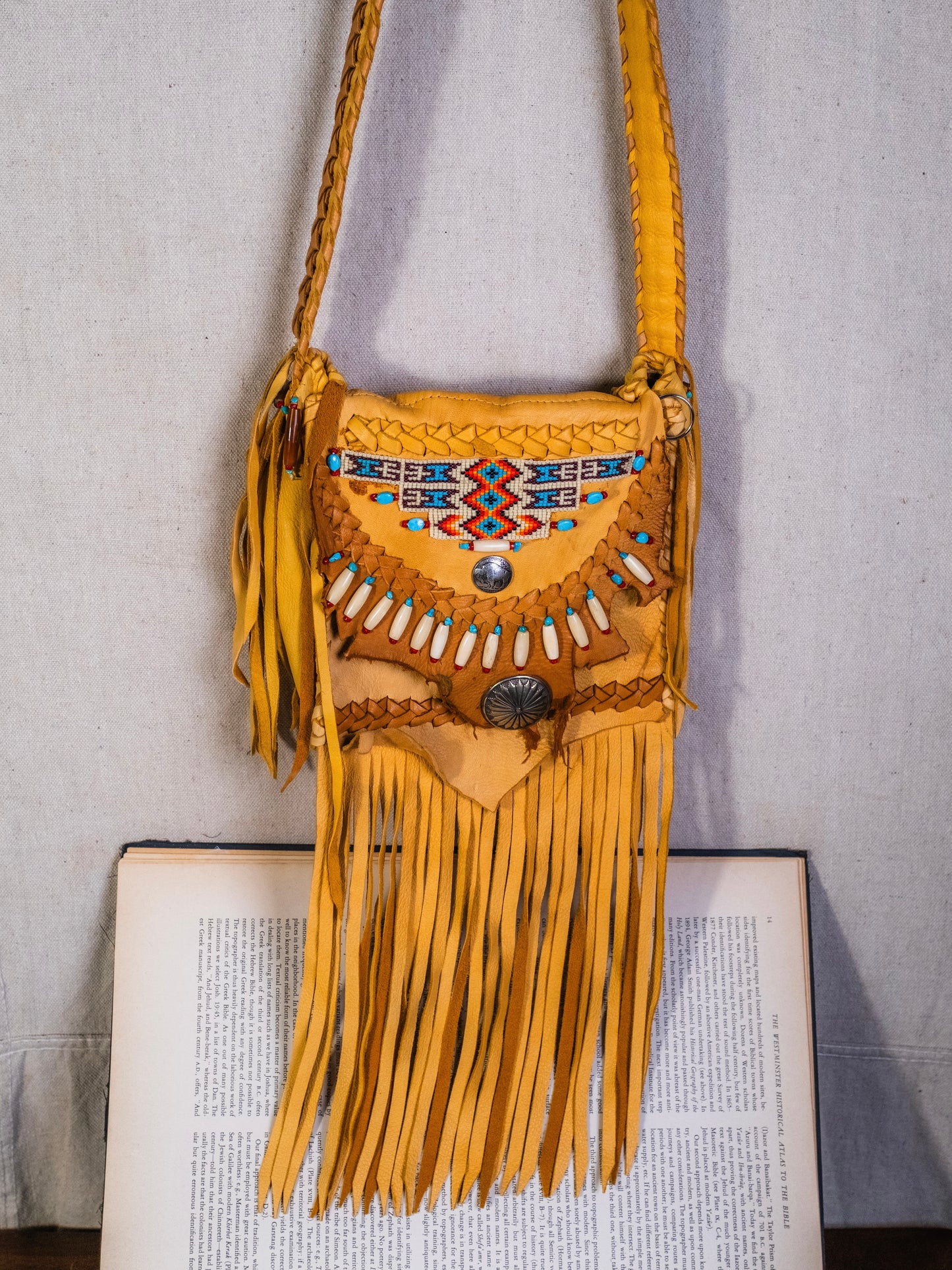 Vintage 1980s Handmade Native American Beaded Deerskin Fringe Satchel Bag