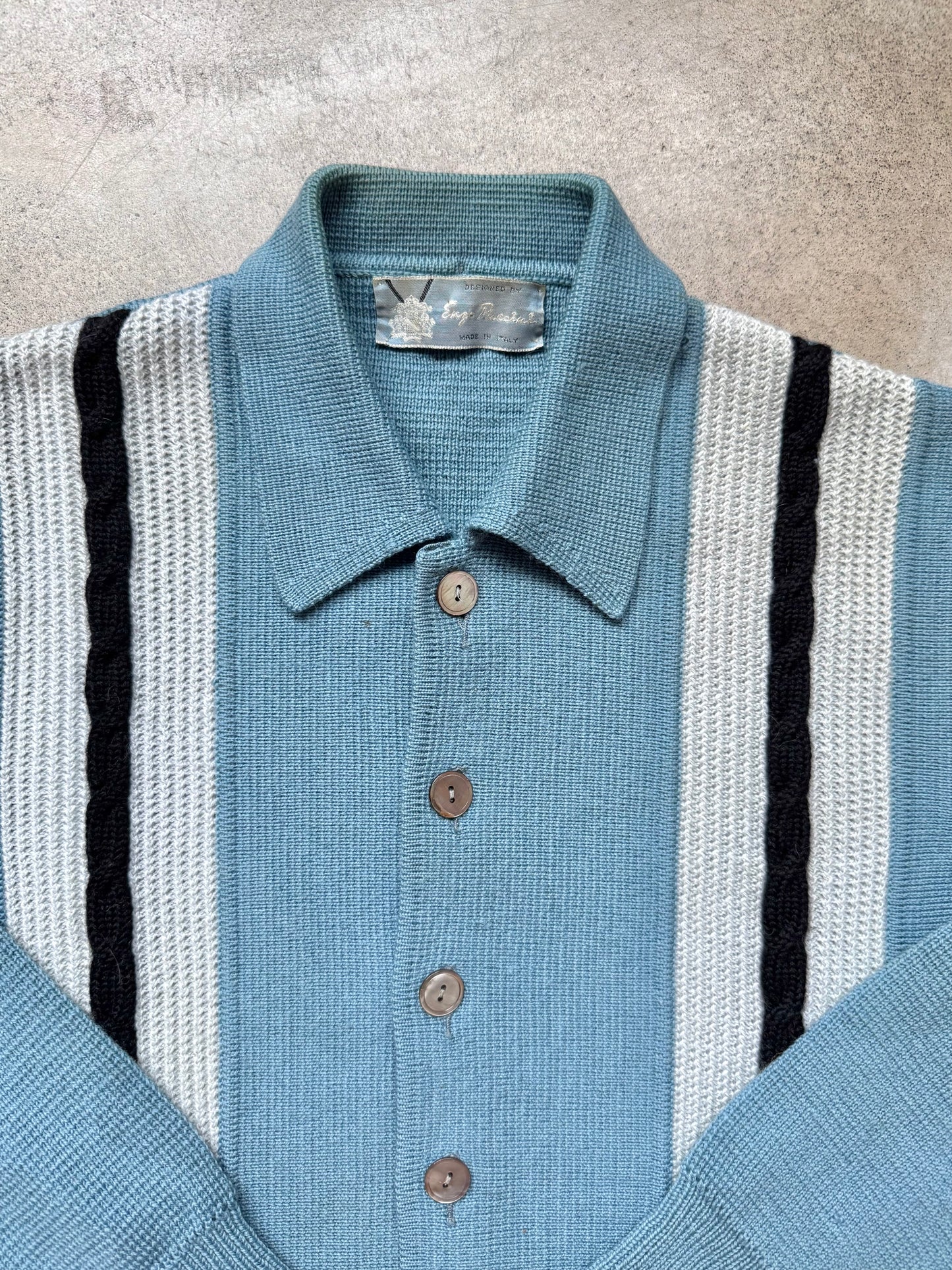 Vintage 1950’s Enzo Puccini Italian Blue Striped Wool Knit Cardigan | Medium