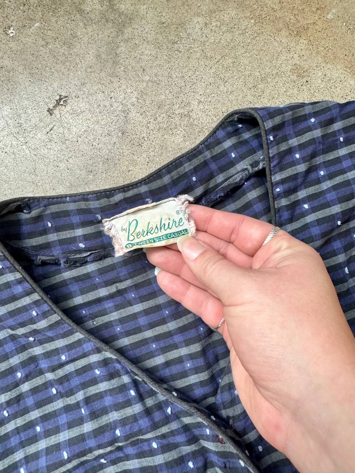 Vintage 1950s Berkshire Navy Swiss Dot Plaid Short Sleeve Button-Front Dress | XS