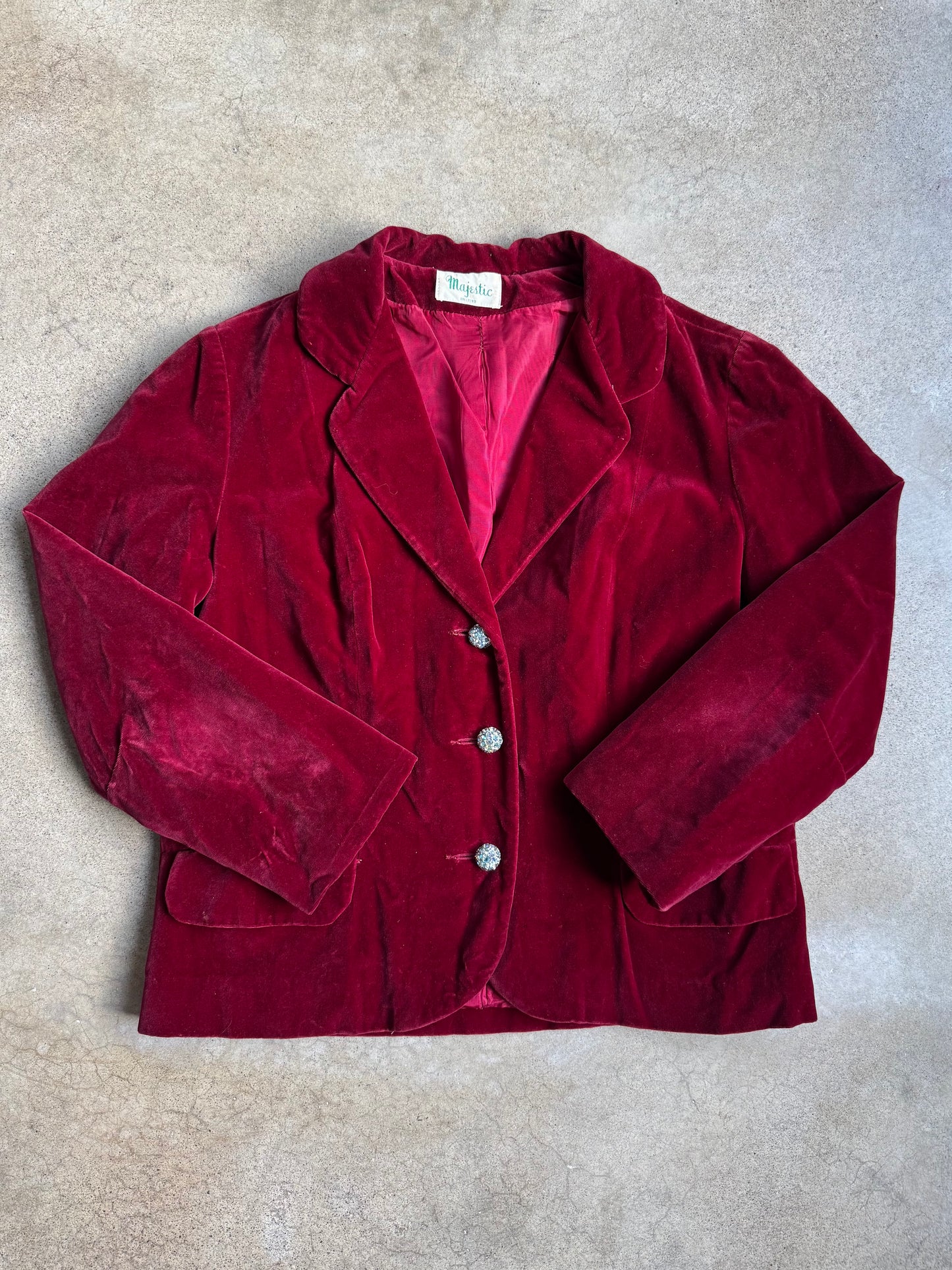 Vintage 1950s Majestic Red Velvet Rhinestone Button Blazer | Small