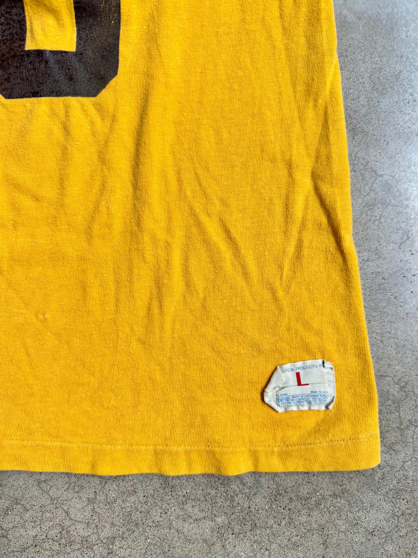 Vintage Champion “Alter 76” Yellow Cotton Athletic Football Tee | Large