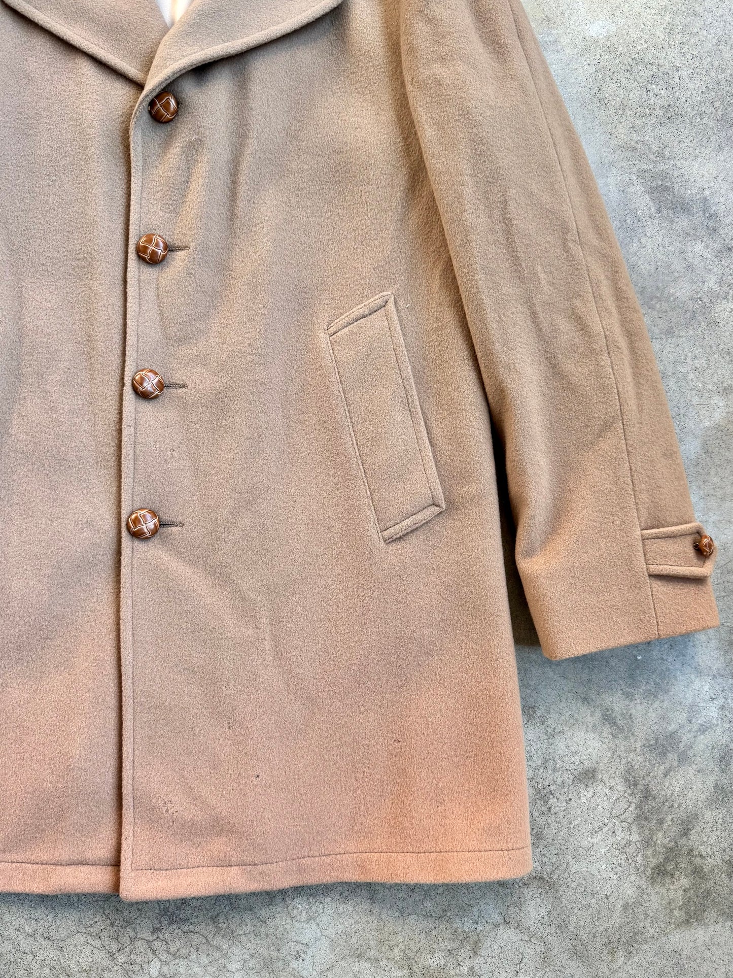 Vintage 1960s Lakeland Tan Wool Faux Fur Collar Coat | 42L