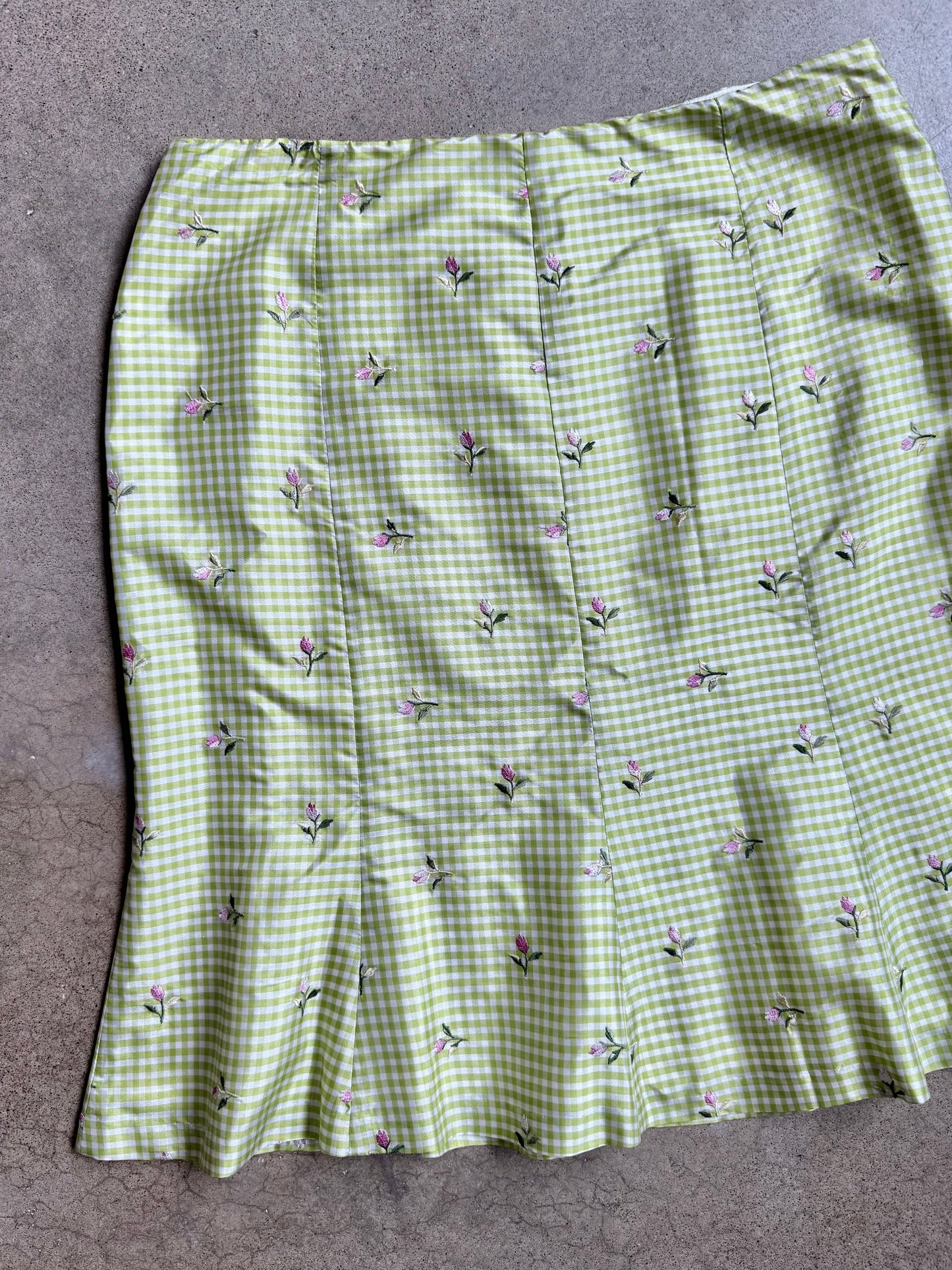 Vintage 1990s ABR New York Green Gingham Floral Embroidered Silk Skirt Suit | M/L