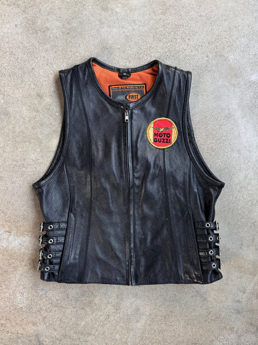 Vintage 1990s Moto Guzzi Patch Black Leather Zip-Up Biker Vest | Medium