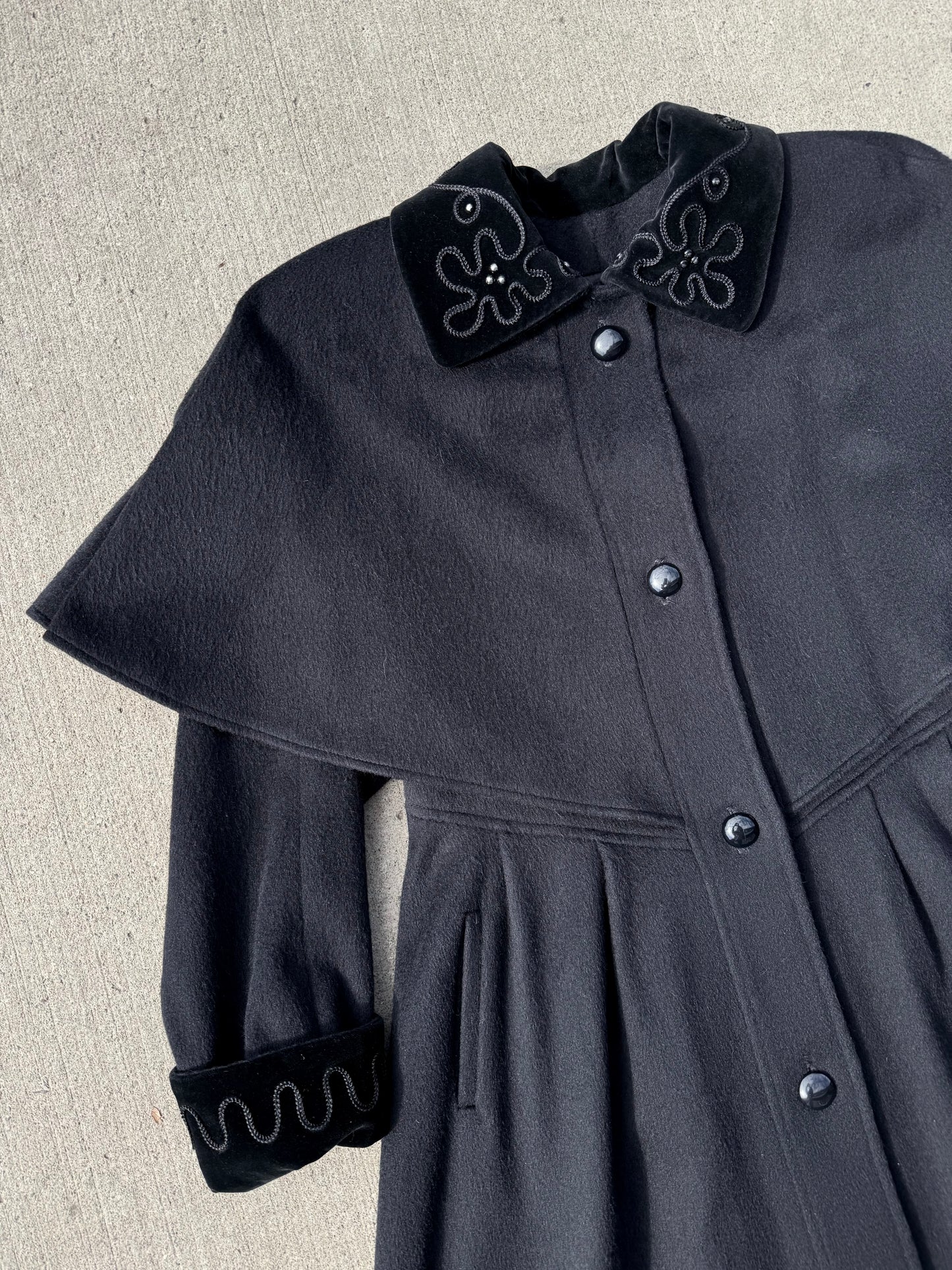 Vintage 1980s Forstmann Black Wool Edwardian-Style Overcoat | Medium