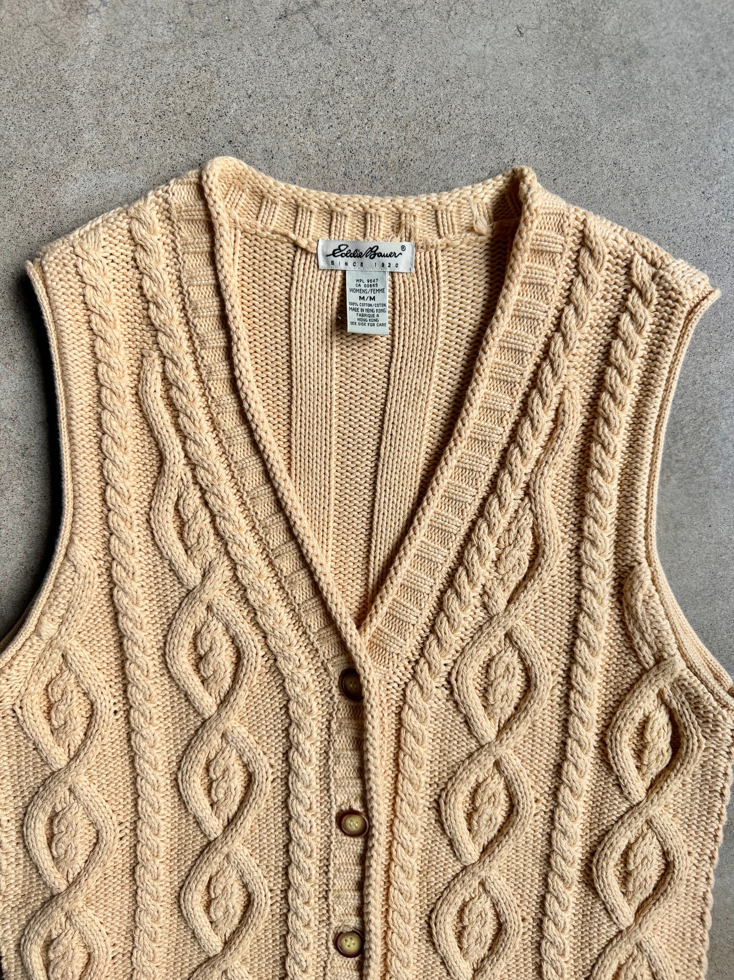Vintage 1990s Eddie Bauer Yellow Cotton Cable-Knit Sweater Vest | Medium