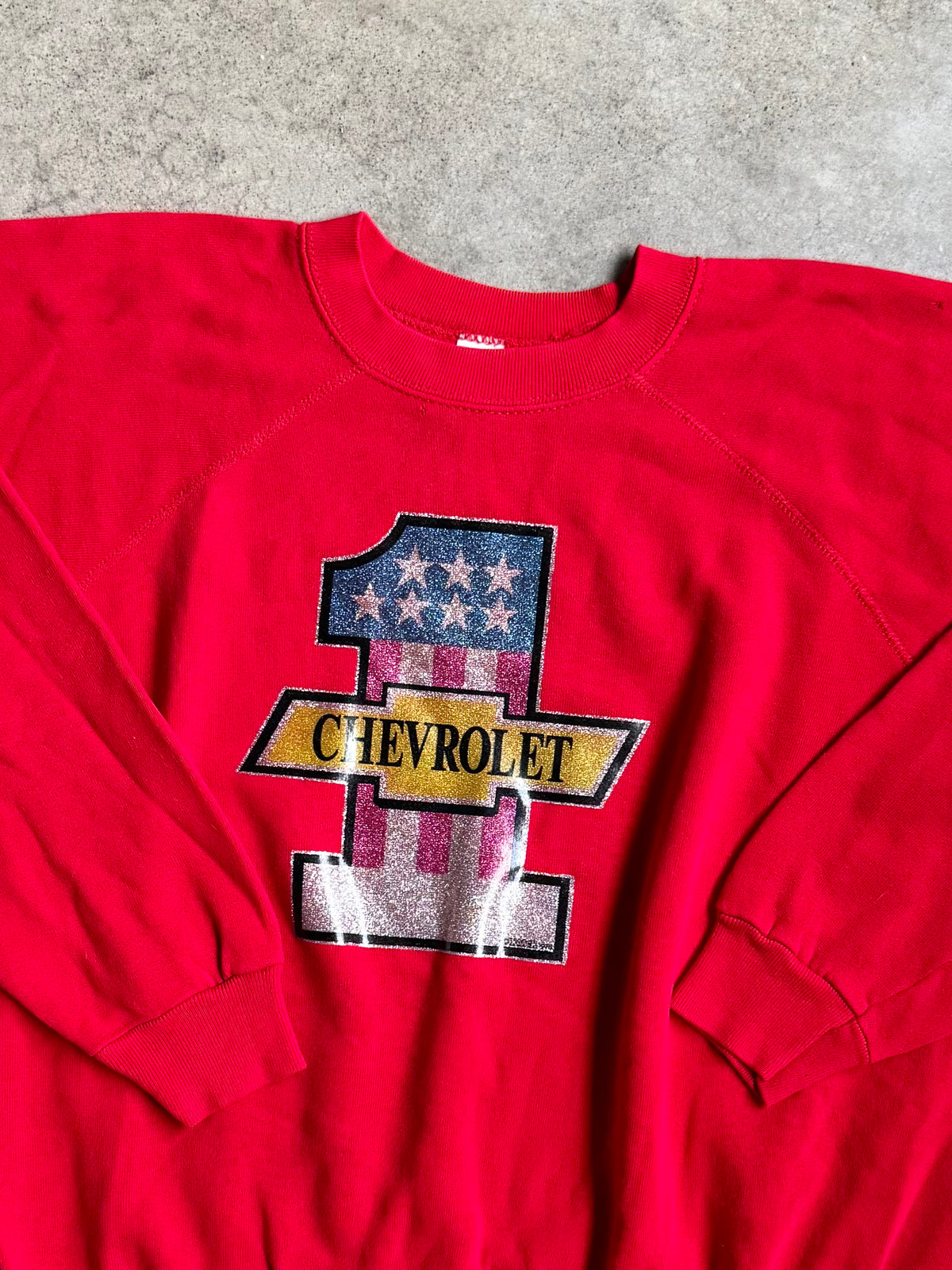 Vintage 1978 Chevrolet Glitter Graphic Red Raglan Sweatshirt | XL