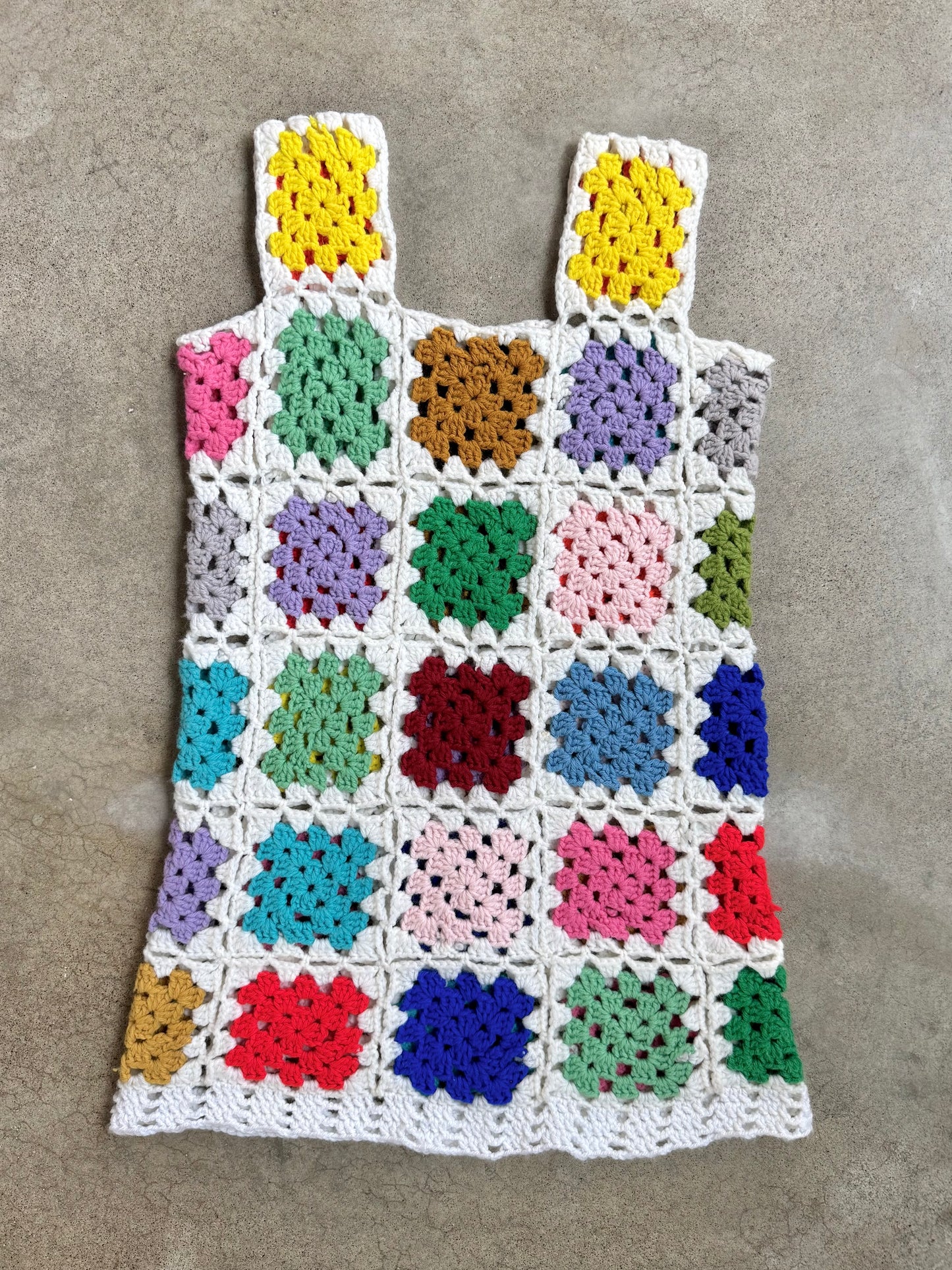 Vintage 1970s Handmade Granny Square Crochet Mini Dress | Medium