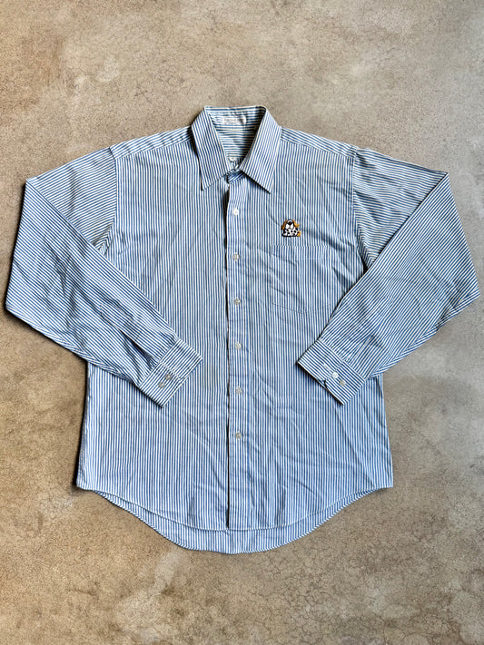 Vintage 1970s Blue & White Striped Dog Patch Button-Up Shirt | Large