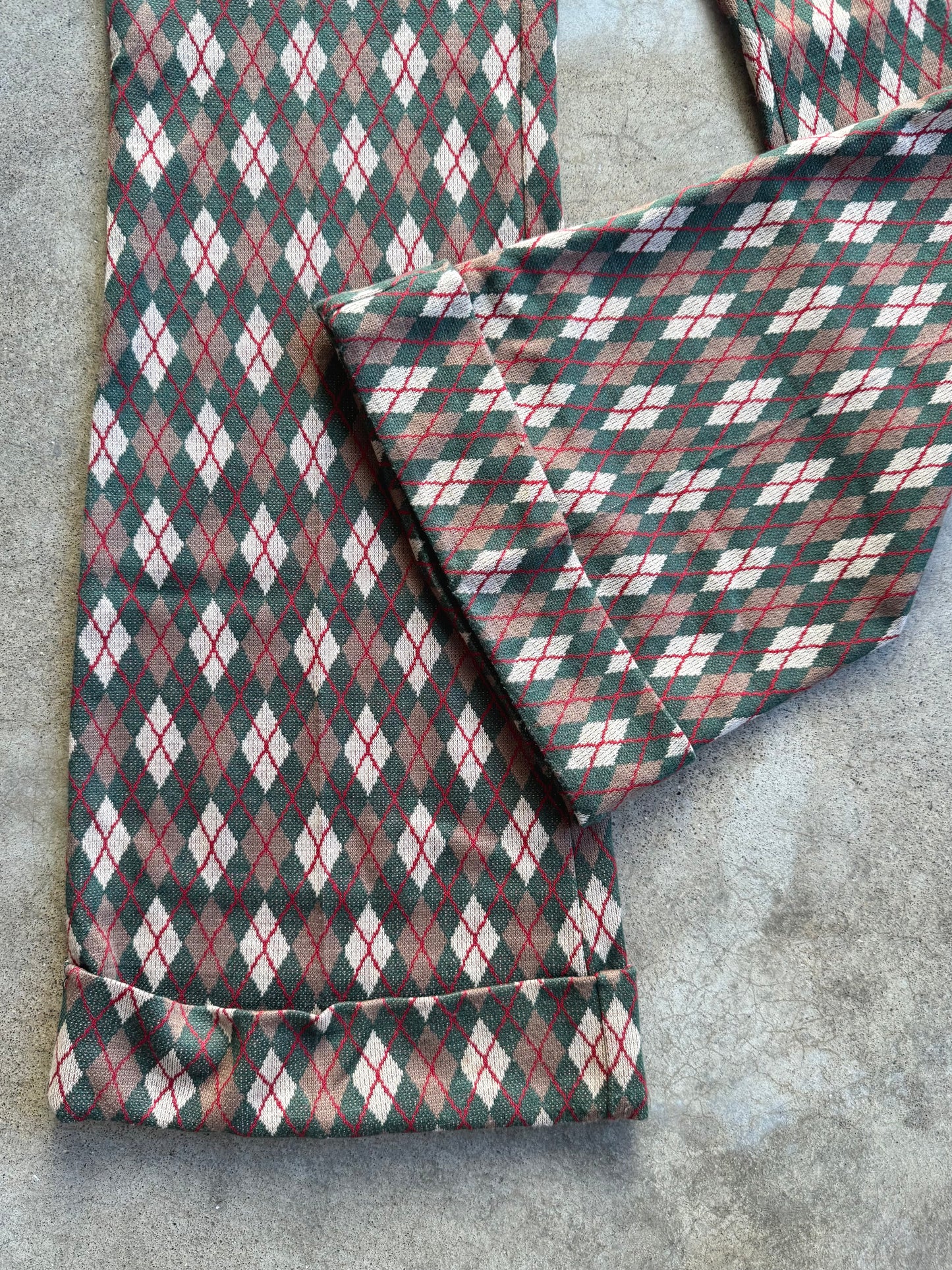 Vintage 1960s Argyle Knit Cuffed Flare Trousers | Small