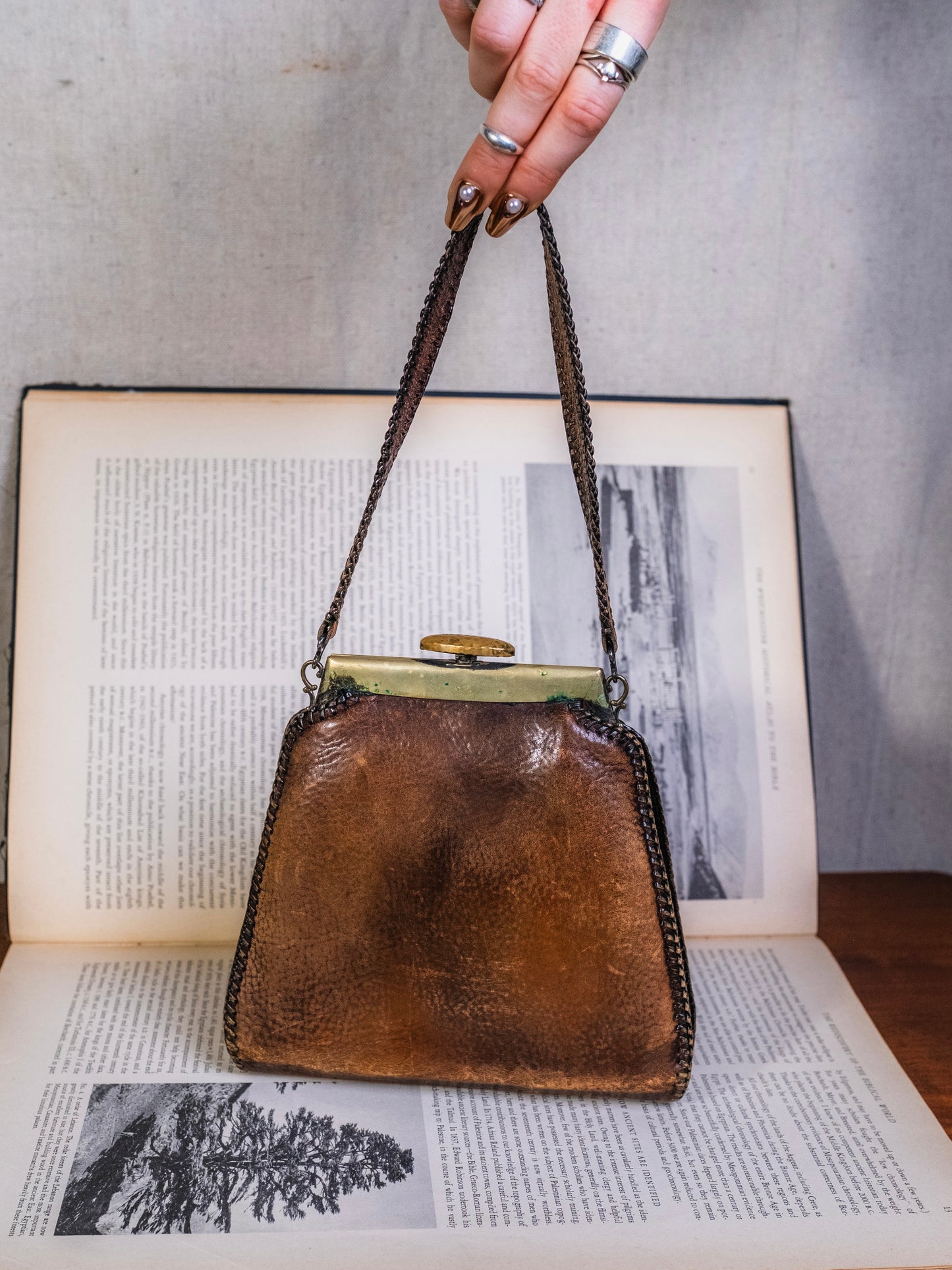 Antique 1917 Art Nouveau Floral Tooled Leather Handbag