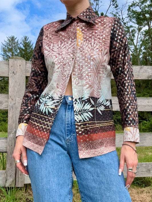 Vintage 1970s Natasha Originals Botanical Print Metallic Disco Shirt | Medium